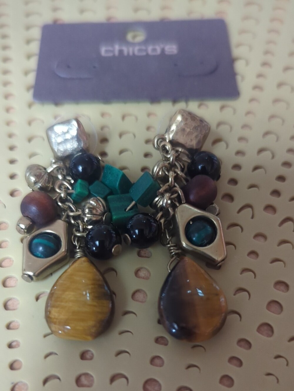 Chico's Gold-Tone Drop Earrings with Tiger Eye & Teal Beads
